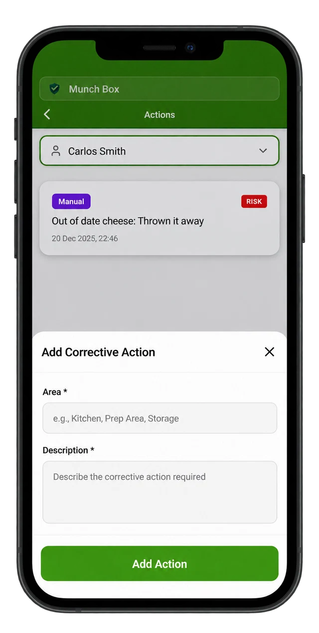 Corrective action entry and issue history in HACCP-records.app