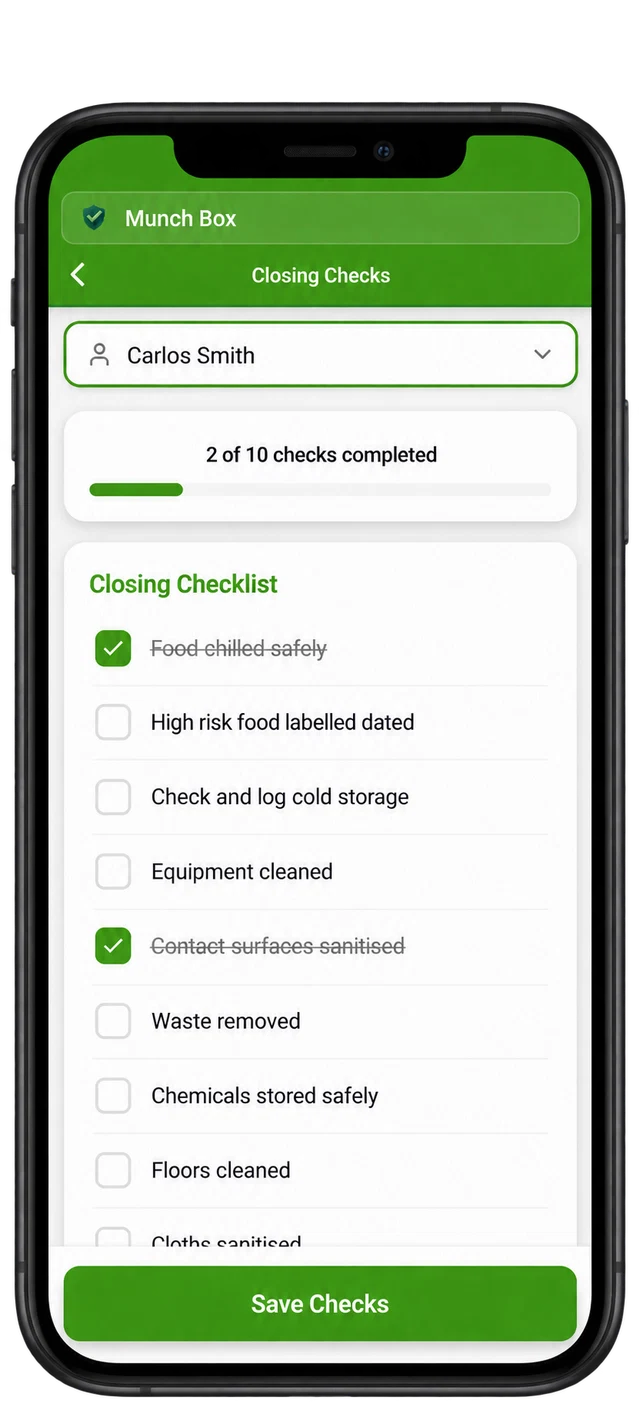 Closing checklist with completed tasks in HACCP-records.app