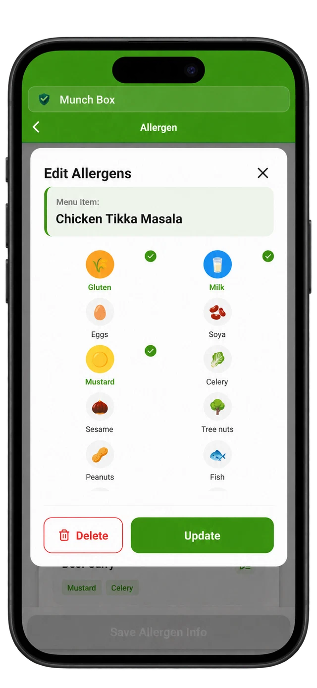 Menu item allergen editor in HACCP-records.app