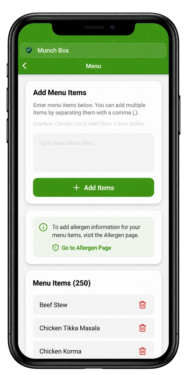 Menu item list and add items form in HACCP-records.app