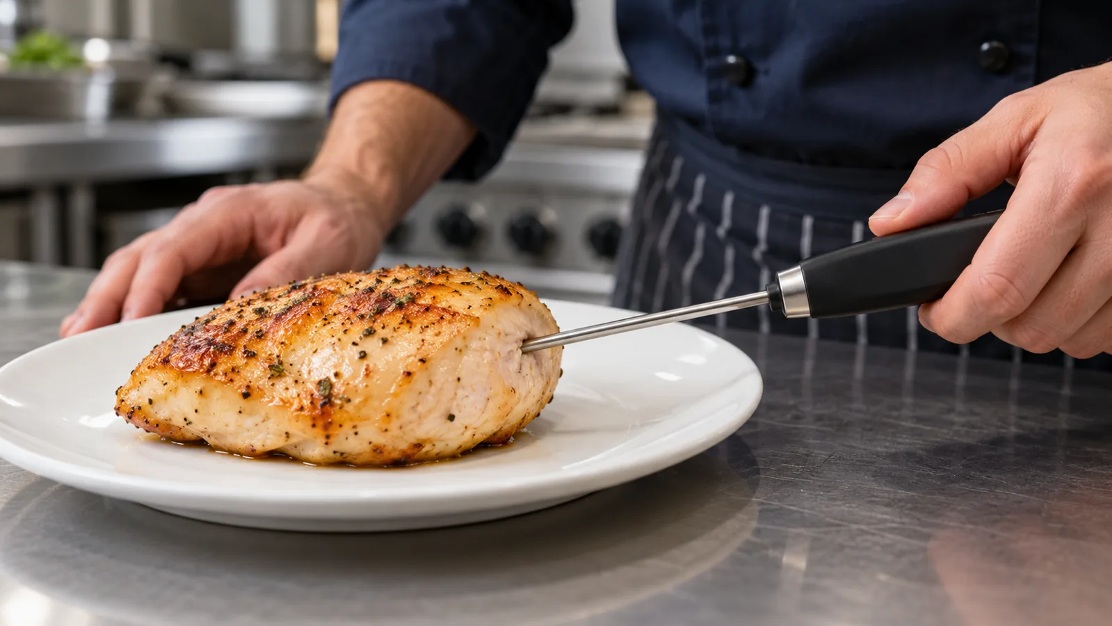 Check the food’s core, not just its surface. Chef inserting a probe thermometer from the side into the thickest part of cooked chicken