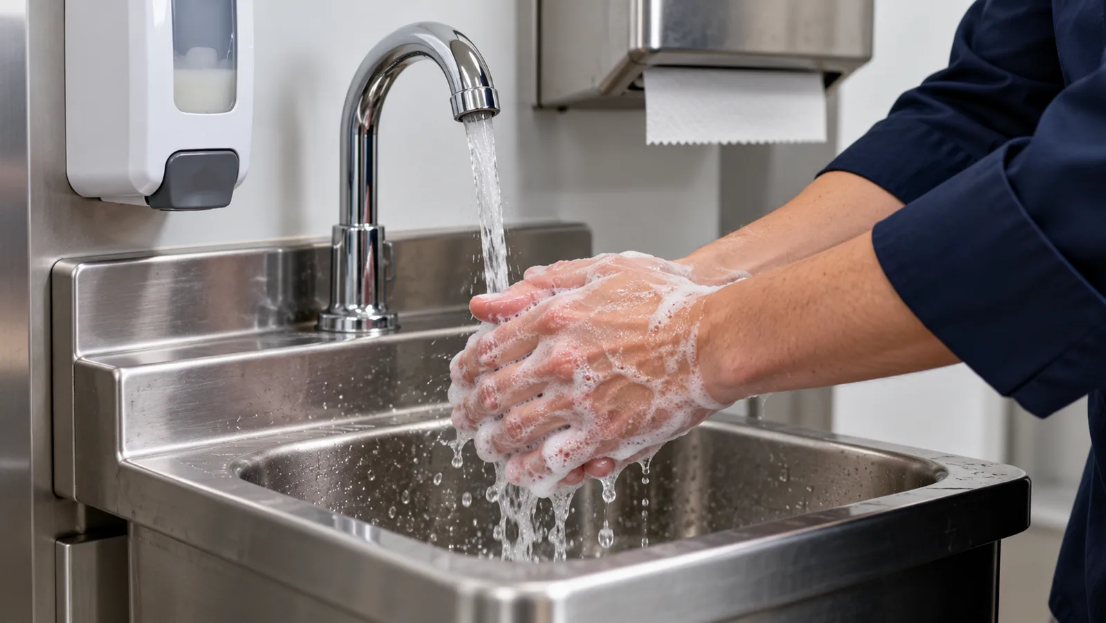 Food handler washing soapy bare hands under running water at a dedicated handwash basin