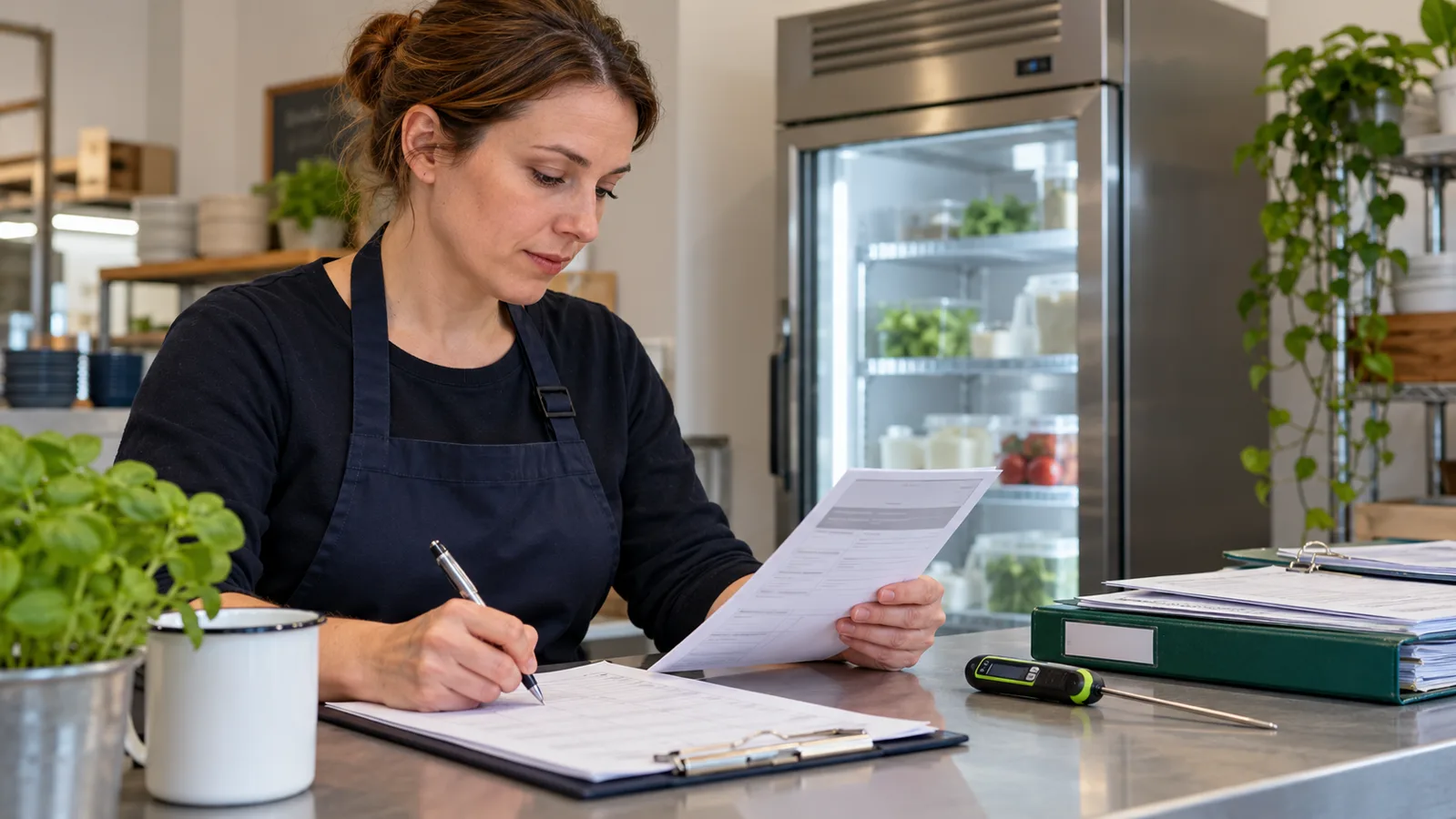 Café supervisor reviewing maintenance paperwork beside a probe thermometer with a commercial fridge in the background