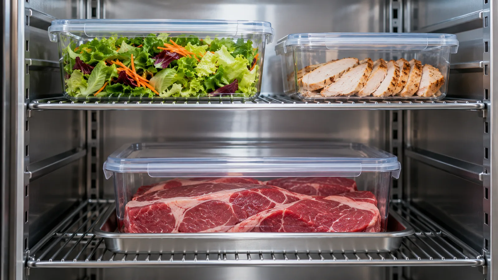 Closed containers of salad and cooked food above a sealed container of raw beef in a commercial fridge