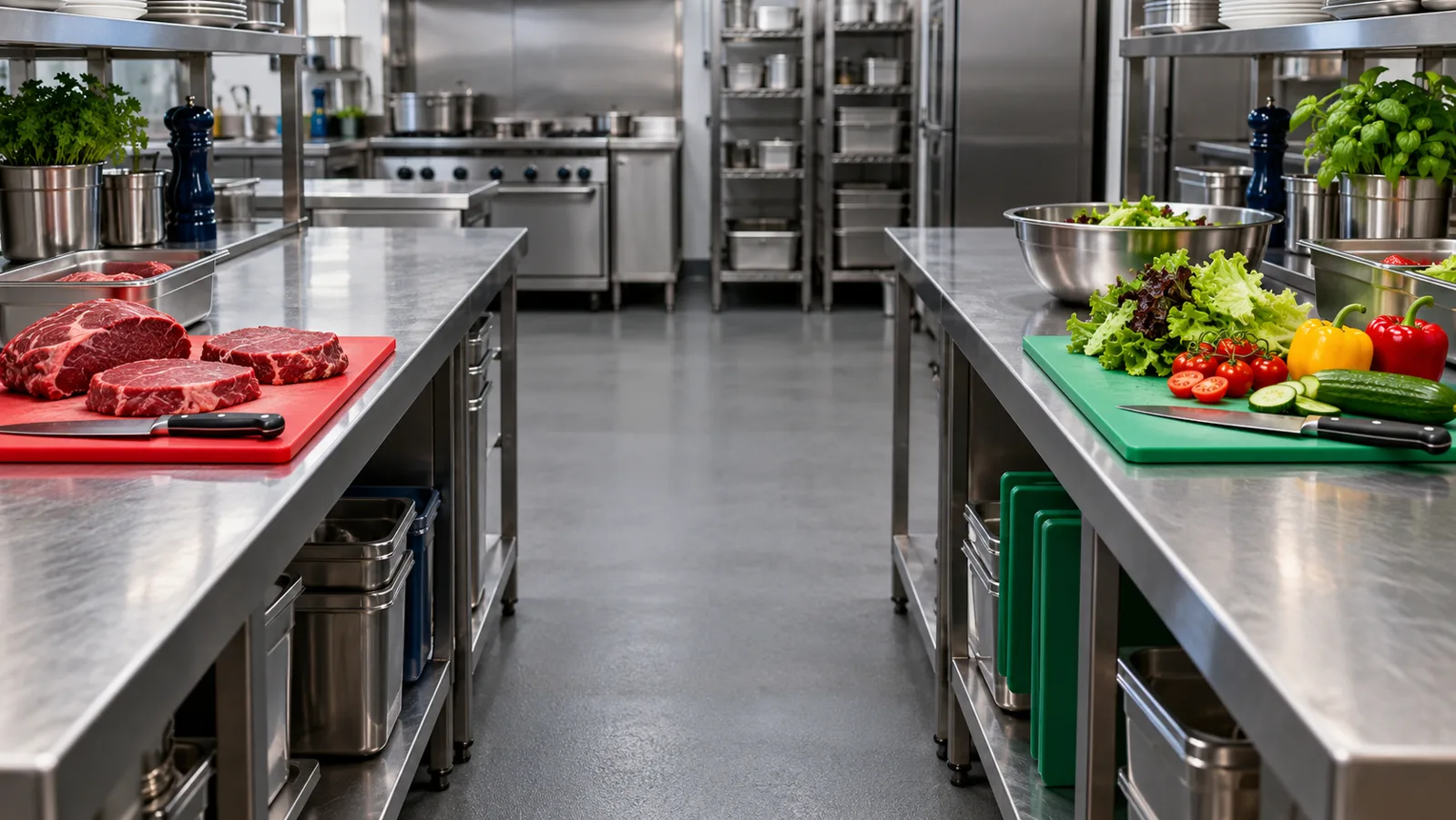 Keep raw preparation separate from ready-to-eat food. Raw beef on a red board and salad on a green board at separate kitchen benches